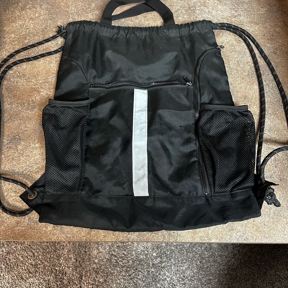 Black Drawstring Backpack with Reflective Stripe